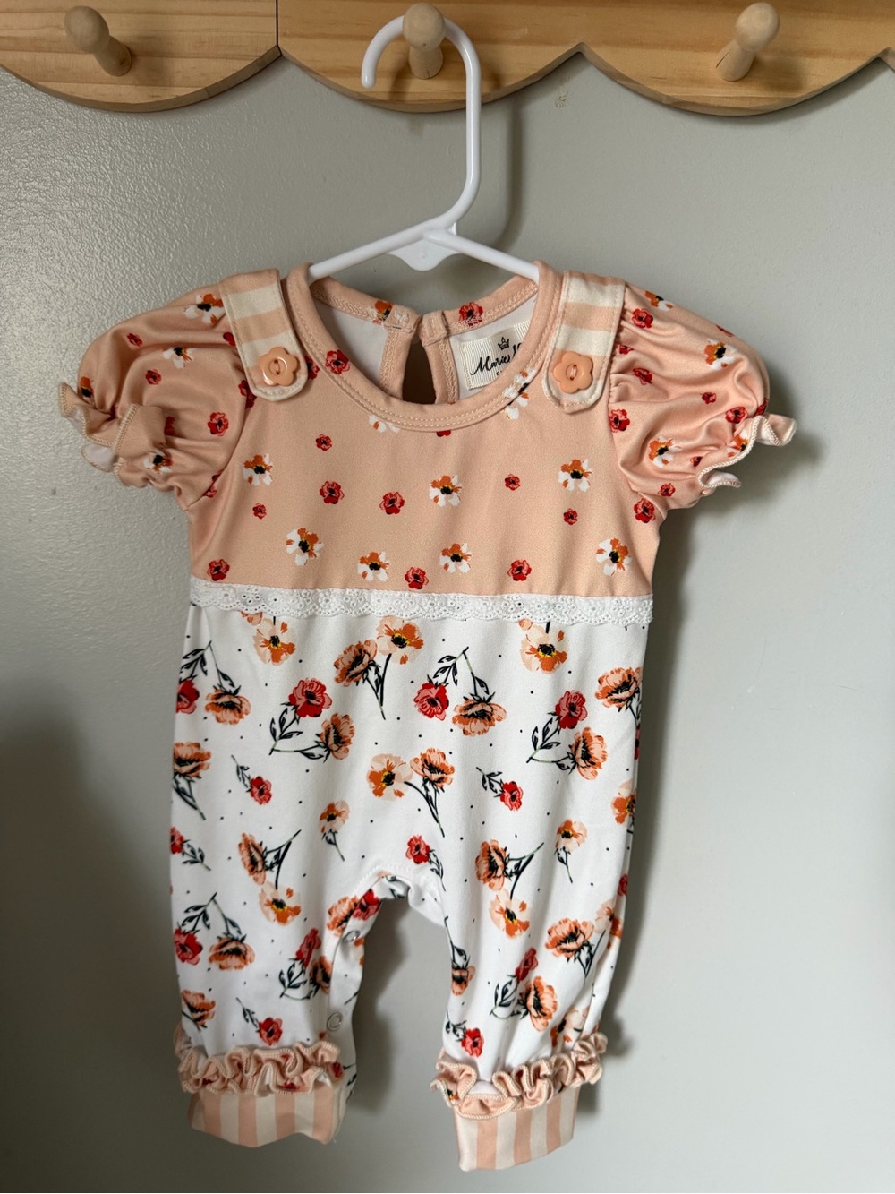 Marie Nicole Girls 0-3M Pink White Floral Knit Coverall Ruffle Lace Snap